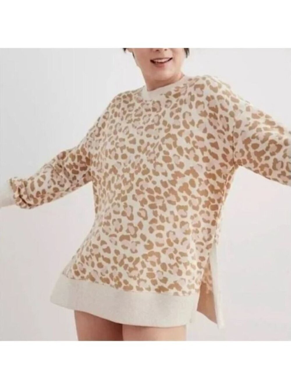 Aerie Sweatshirt Womens Large Oversized Desert Animal Print Side Slit Slouchy